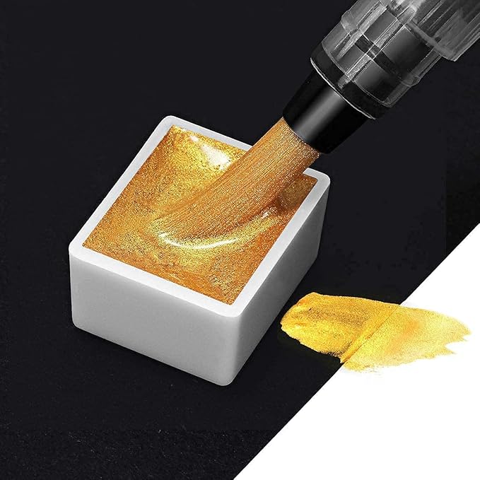 Emooqi Watercolor Paints Set, Metallic Glitter Watercolour Solid Paint Include 12 Metallic Glitter Color 2 Water Brushes 2 Color Card Storage Bag, Ideal for Illustrations Painting.