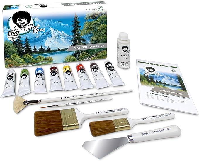 Jerry's Artarama Bob Ross Master Paint Set Artist Bundle 6 Items with Travel Easel, Pre Stretched Painting Canvas, 8oz Natural Brush Cleaner, Clear Acrylic Palette, and Cleaning Bucket & Screen