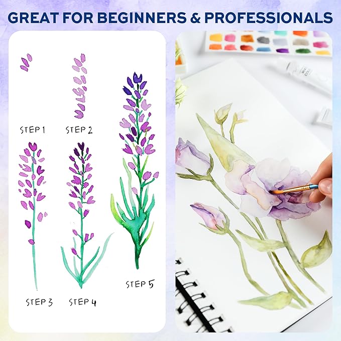 50 Colors Watercolor Paint Set with 8 Brushes (Water Brush + Detail Brushes), 3 Mixing Palettes & Complete Accessories, Perfect for Beginners,Great for Outdoor Sketching, Painting Creation, Holiday Gifts