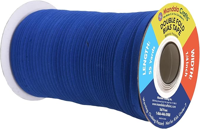 Mandala Crafts 55 Yards 1/4 Inch Dark Blue Double Fold Bias Tape for Sewing - Bias Binding Tape for Quilting Binding, Hemming, Seam, and Fabric Piping