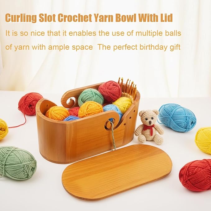 Wooden Oval Yarn Bowls for Crocheting, Handmade Crochet Bowls with Lid and 9 Pcs Knitting Hooks, Knitting Lovers Yarn Storage Bowl for Handmade Knitting Yarn Lovers (Original Wooden Color)