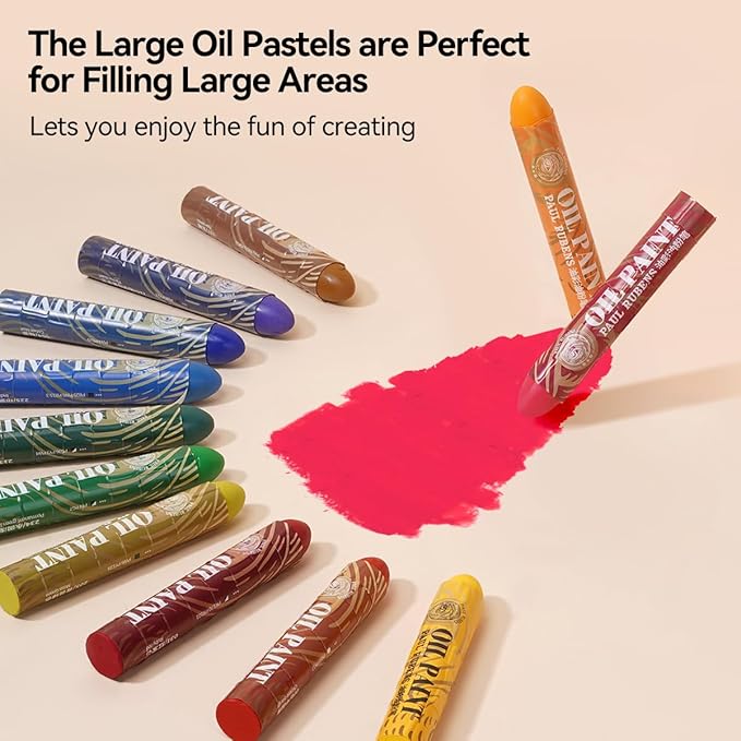 Paul Rubens Large Oil Pastels Set - 12 Colors A (0.79" x 4.72" Jumbo Sticks), Vibrant Colors, Creamy Texture and Blends Easily for Artists, Students and Professionals, Ideal for Filling in Large Areas