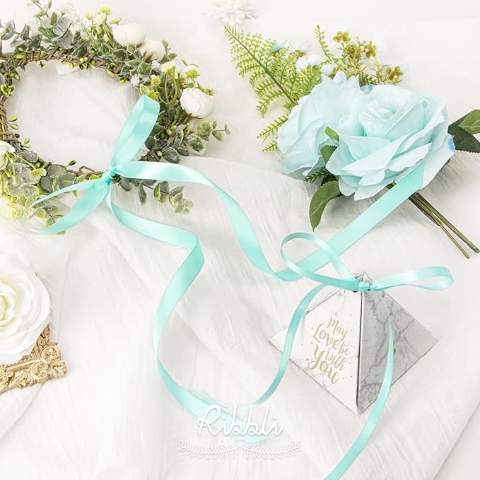 Ribbli Aqua Blue Satin Ribbon Double Faced Satin 1/2 inch x Continuous 50 Yards- Ribbon for Gift Wrapping Crafts Wedding Decoration Bows Bouquet Floral Arrangement