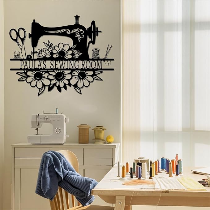 Custom Sewing Machine Sign, Personalized Name Sewing Room Decor with Quilting Supplies Pattern, Customized Mother's Day Quilting Gifts for Quilters Women Mom Grandma Wife Sewing Lover