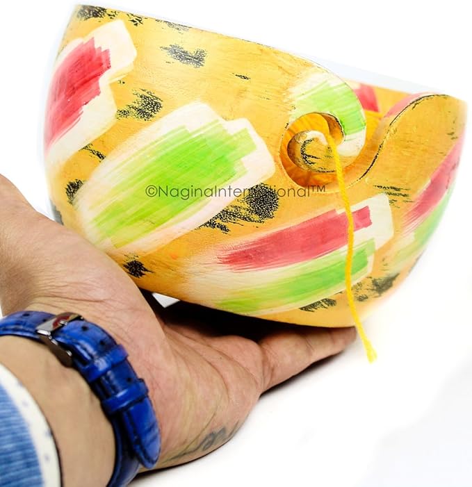 Nagina International Exquisite Premium Yarn Ball Storage Bowls | Hand Painted Lovely Decor Yet Functional Yarn Dispenser (Medium ( 7 x 3 x 7 Inches ), Tri-Yellow)