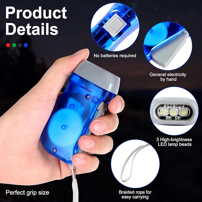 48 Pcs Hand Crank Flashlight No Battery Required Torch Light Manual Press Flashlight 3 LED Squeeze Torch Light for Shoeboxes Camping Hiking(Green, Gray, Blue, Red)
