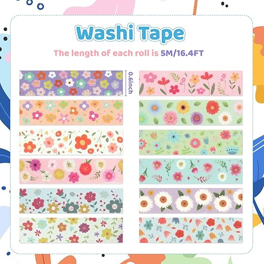12 Rolls Flower Washi Tape Set, Floral Botanical Writable Masking Tapes, Cute Blooms Colored Adhesive Tapes for DIY Art Crafts, Gift Wrapping, Scrapbook, School Supplies, Painters, Planners 16.4Ft