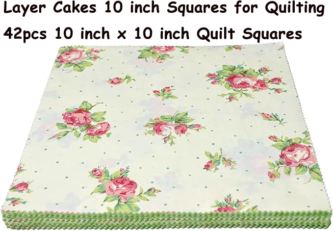 Green Layer Cake Fabric for Quilting 10 inch, Layer Cake Fabric Clearance, Pre-Cut Fabrics Quilt Squares 10x10 for Quilting,Sewing, and DIY Patchwork Crafts, Green