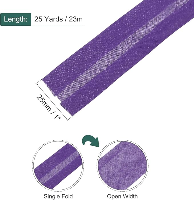 MECCANIXITY 1 Inch Single Fold Bias Tape Polyester Continuous Bulk Bias Tape for Sewing, Seaming Quilting Hemming Binding Crafts (Purple 25 Yards)
