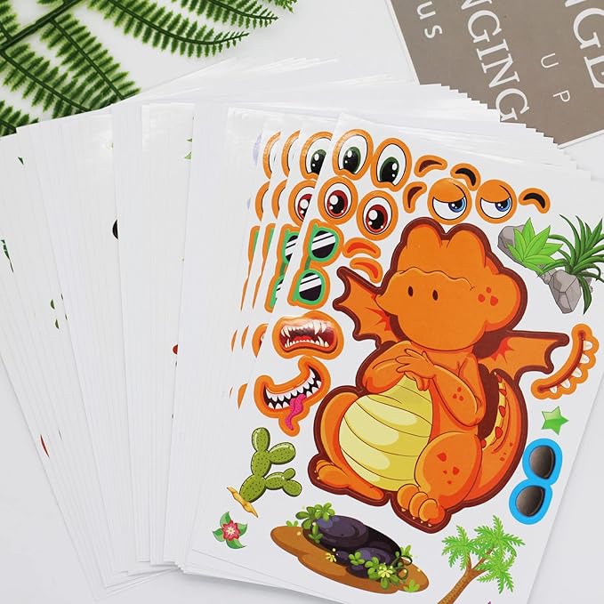 27 Sheet Dinosaur Stickers Make Your Own Dino Stickers for Kids 3+, Make-a-face Sticker Boys Girls Dinosaur Birthday Party Decorations, DIY Craft Birthday Party Favor Supplies