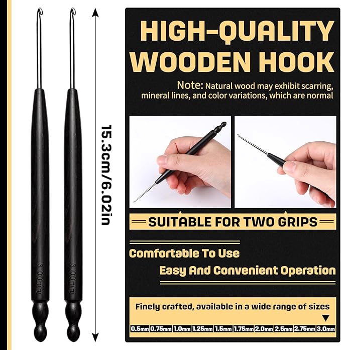 Hssugi Crochet Hooks, 2PCS 3.0mm Small Crochet Hooks for Arthritic Hands with Wooden Handle, Long Comfortable Ergonomic Crochet Needle for Beginners DIY, Experienced Crochet Lovers