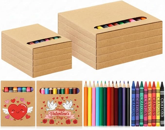 30 Sets Colored Pencils and Crayons Bulk Valentine's Day Gift Classroom Exchange Gift Class Prize, Craft Supplies in Box Mini Pencils Crayons Teacher Supplies, Cute Birthday Party Gifts