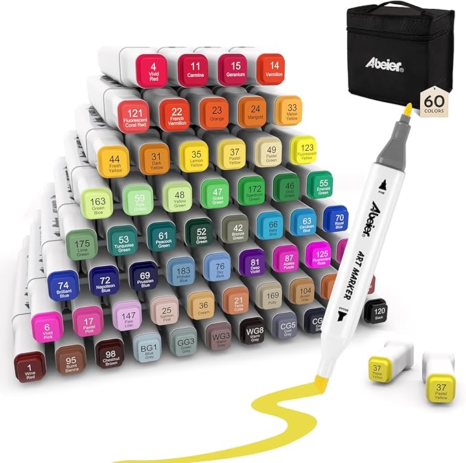 ABEIER Alcohol Markers, 60 Colors Dual Tip (Fine & Chisel) Art, Coloring Markers for Adults, Ideal for Book Drawing Sketching Painting, Card Making, Includes 1 Colorless Blender