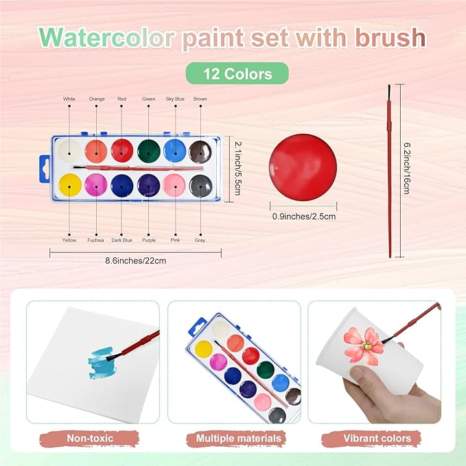120 Pieces Mini Watercolor Paint Set with Canvases, Wooden Easels, Tote Bags, Palettes, Aprons, 12 Colors Paints for Kids Art, Beginner Painting Kit, Gifts Supplies