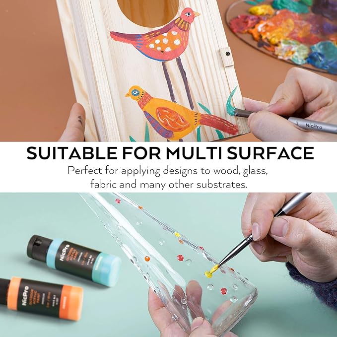 Nicpro 32 Colors Outdoor Acrylic Paint Bulk with Brush and Sponge, Knife, Non-Toxic Paint for Multi-surface Rock, Wood, Fabric, Leather, Crafts, Canvas, Shoes and Wall Painting