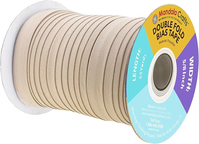 Mandala Crafts 55 Yards 5/8 Inch Beige Double Fold Bias Tape for Sewing - Bias Binding Tape for Quilting Binding, Hemming, Seam, and Fabric Piping