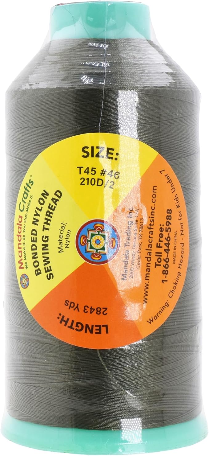 Mandala Crafts Size 46 210D T45 Bonded Nylon Thread - Olive Drab 2843 YDs Tex 45 Heavy Duty Sewing Threads for Leather, Jeans, Weaving, Outdoor Marine Upholstery