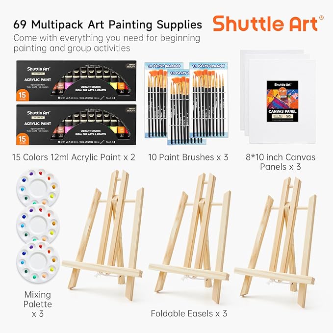 Shuttle Art 69 Pack Acrylic Paint Set, Painting Set with 2 Pack of 15 Colors Acrylic Paint, 3 Sets of Wooden Easels, Canvas, Brushes & Palettes, Art Painting Supplies for Kids Adults Beginner