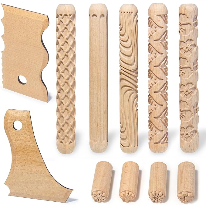 11 Pcs Clay Pottery Tools Kit with 5 Clay Texture Rollers,4 Clay Stamps,2 Foot Shapers Pottery Ribs Trimming | All-in-One Ceramic Carving Set for Clay Molding & Sculpting & Ceramics
