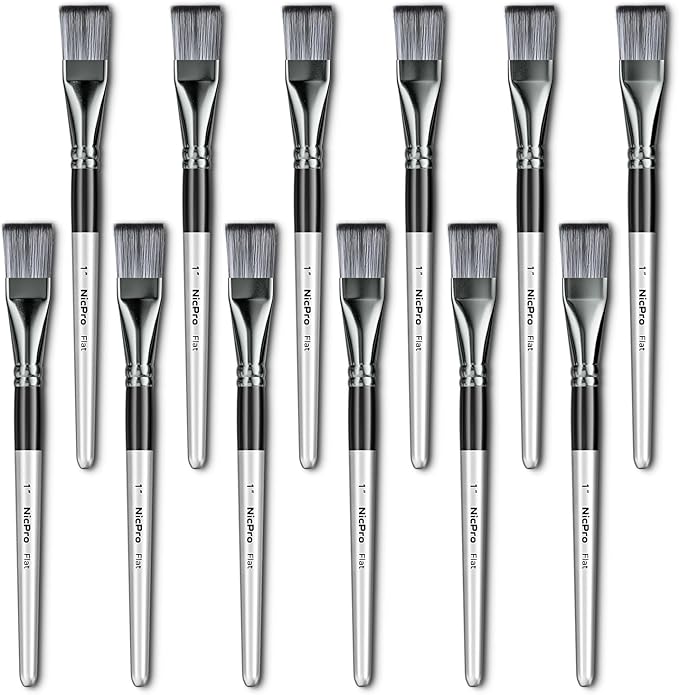 Nicpro 12pcs 1 Inch Flat Paint Brushes for Acrylic Painting, Large Paint Brushes Bulk for Acrylic Watercolor Oil, Artist Paint Brush Set for Canvas Painting, Base Coating, Crafts, Face Body Art Adults