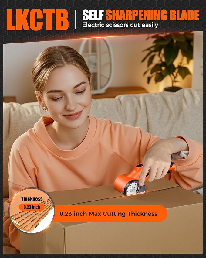 Electric Cardboard Cutter Scissors with LED Light, 2600mAh Rechargeable Battery, Brushless Motor, Tungsten Steel Blade, Cuts Cloth, Leather, Carpet, light orange