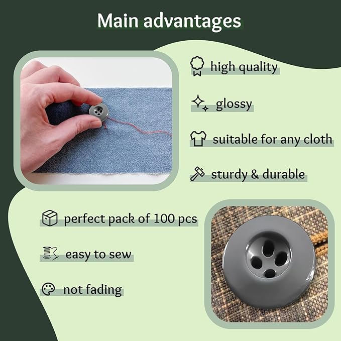 3/4" Foliage Green 100 Pcs Buttons for Sewing 0.75 inch Uniform Buttons 4 Hole 30L Gray Plastic Green Glossy 19mm Ideal for Work Uniforms School Outfits Aprons Pants Jackets Bags DIY Crafts
