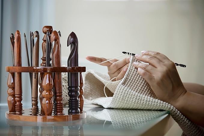 DnU Avenue Rosewood Set of 15 Ergonomic Crochet Hooks 3.5 MM to 25 MM, Wooden Yarn Crochet Hooks for Arthritic Hands, Knitting & Crochet Hook, Soft Grip, Wood Finish, Brown (Hooks with Stand)