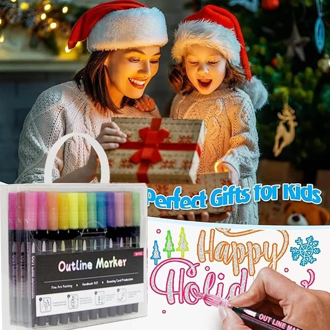 Double Line Outline Markers 24 Colors Super Squiggles Glitter Markers Self Outline Metallic Marker, Doodle Shimmer Marker Drawing Pens for Christmas Greeting Card, Birthday Gift, DIY Art Crafts