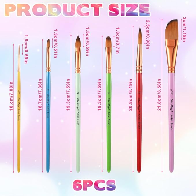 6 Pack Face Paint Brush Set, Synthetic Bristles in Different Sizes Shapes Oil Watercolor Acrylic Paint Brush Aesthetic Pastel Artist Paints Brushes for Body Nail Body Art Craft Canvas Rock, Multicolor