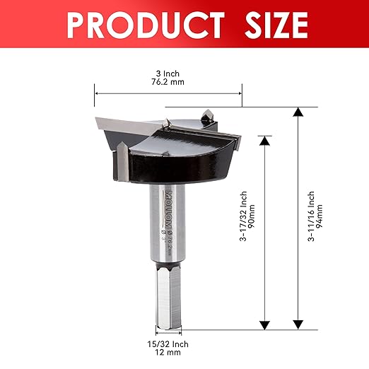 Mollom 3" (76.2mm) Forstner Drill Bit for Precise Woodworking with Durable YG8 Carbide Thickness of 2.0mm,This Hinge Cutter Tool is Ideal for Hard Wood, Plastic, Plywood