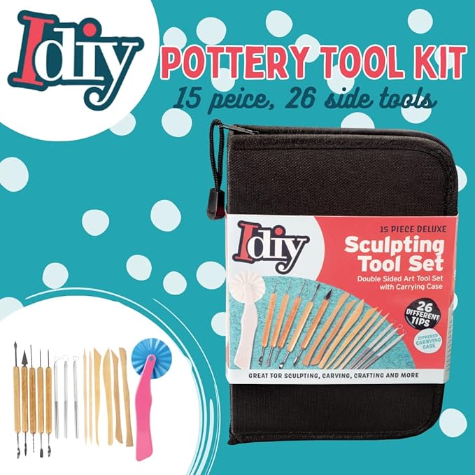 Pottery Tool Starter Kit- 15-Piece 26-Tool Beginner's Clay Ceramics Modeling Carving Sculpting Set- Arts & Crafts School Project, w Carrying Case, Birthday Gift for Kids, Holiday Gift Set for Artists