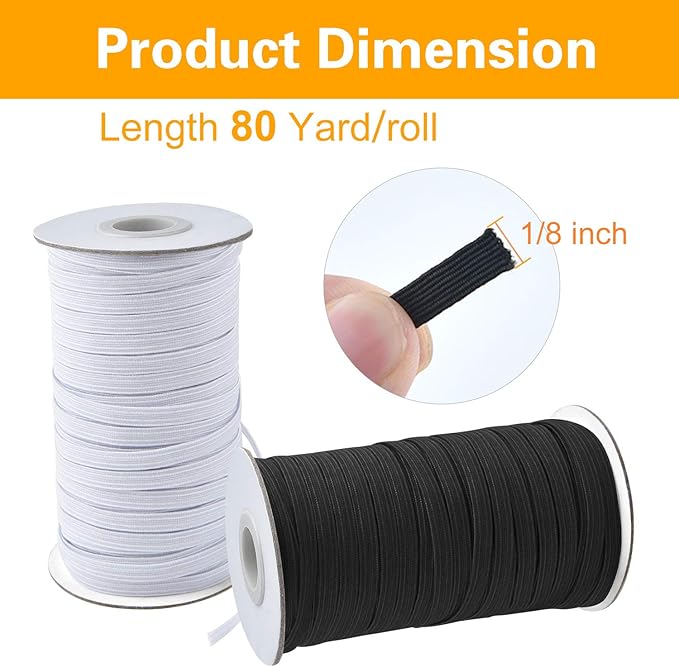 Coopay 160 Yards Length 1/8" Width Elastic Bands Flat Elastic Cord Rope Heavy Stretch Spool Knit for Sewing DIY Projects, Arts & Crafts, 2 Rolls, 80 Yards/Roll (Black and White, 1/8 Inch)