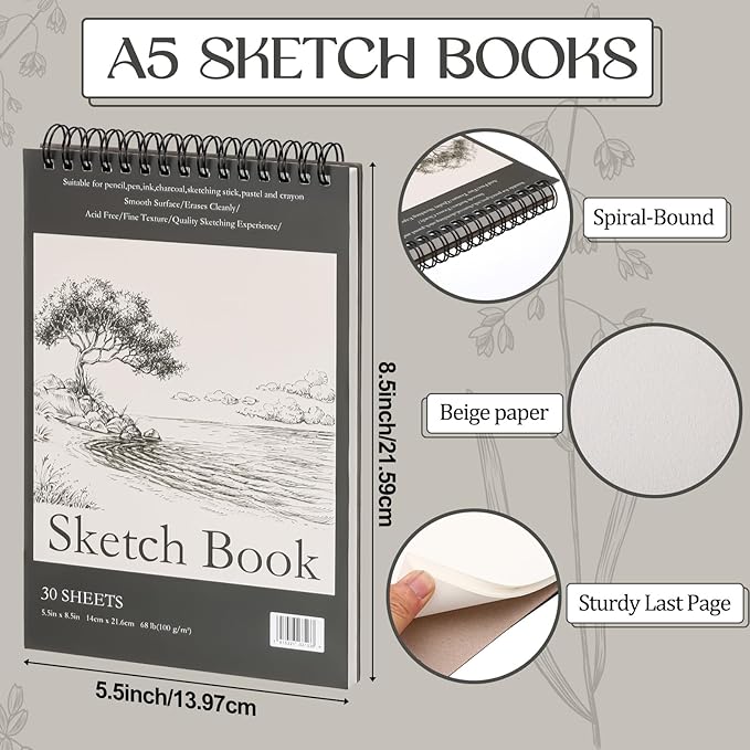 Jexine 40 Pcs 5.5'' x 8.5'' Top Spiral Bound Sketch Book 30 Sheet Each(68lb/100gsm), Sketching Drawing Pad Bulk Artist Sketch Pad Drawing Paper Art Sketchbook for Painting (Tree)