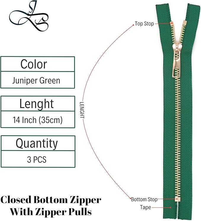 #5 Gold Metal Zipper - 50+ Colors - 3 PCS - (4-14 inches) Sizes - Luxury Lightweight Handcraft Metal Zippers with pulls for Purses Bags Pockets Shoes Sewing & Crafts DIY ZP023314