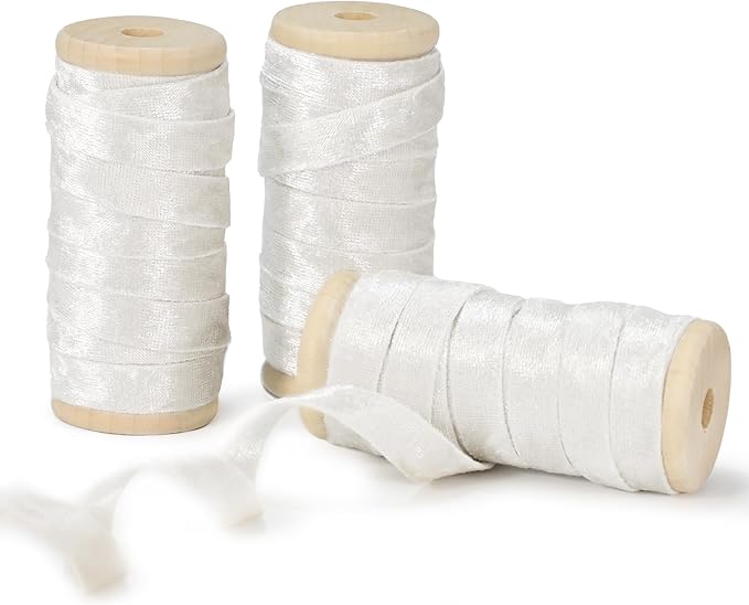 Ivory White Velvet Ribbon Double-Sided Handmade Glossy Fabric Trim Wooden Spool Thin Ribbons for Christmas Tree Gift Wrapping Crafts Wedding Flower Bouquet 3/8 inch x 5YD 3 Rolls