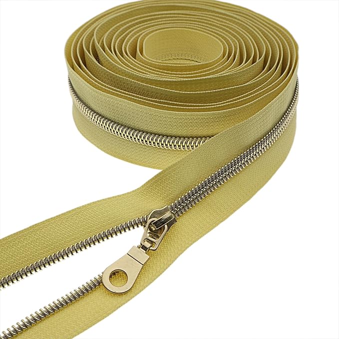 #5 Gold Metallic Nylon Coil Zippers by Yard Bulk Coil Zipper Roll 10 Yards with 25pcs Silver Pull for DIY Sewing Craft Bag(Yellow) YIGUANXIN