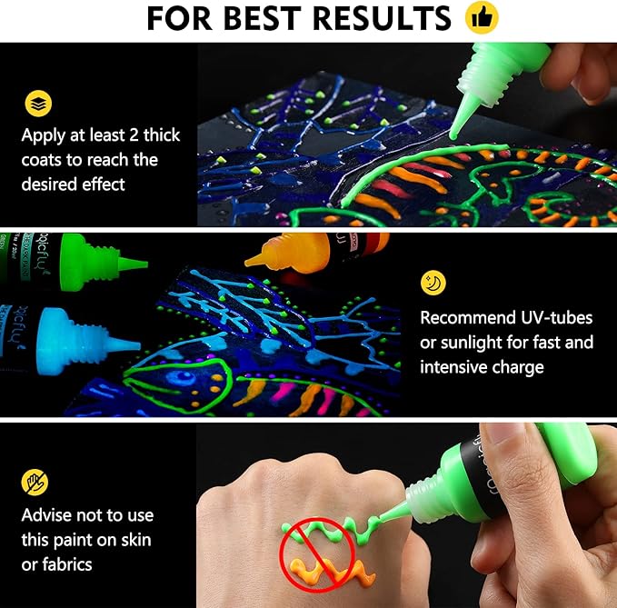 Magicfly Acrylic Glow in The Dark Paint, 10 Bright Colours Liquid Luminous Paint, Neon Paints Glow in Dark for Painting, Halloween Decoration, DIY Crafts, 20 ml Each