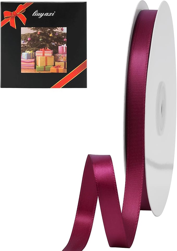 LIUYAXI Burgundy Stain Ribbon, 1/2" X Continuous 50 Yards, Double Faced Fabric Ribbon Perfect for Gift Wrapping Wedding Christmas Birthday Floral Arrangement Craft