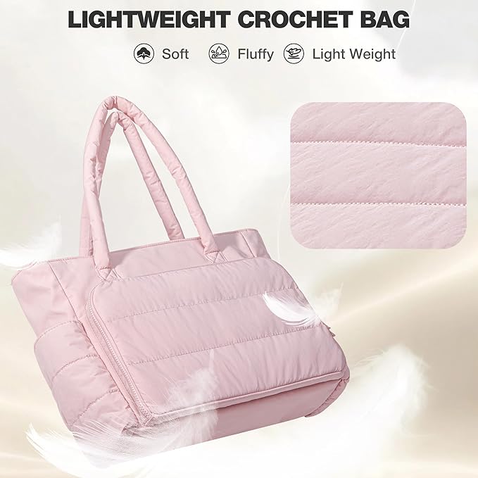 Teamoy Knitting Bag Tote, Puffer Yarn Bag, Crochet Bag Organizer for Yarn Storage, Yarn Holder for Crocheting, Pink