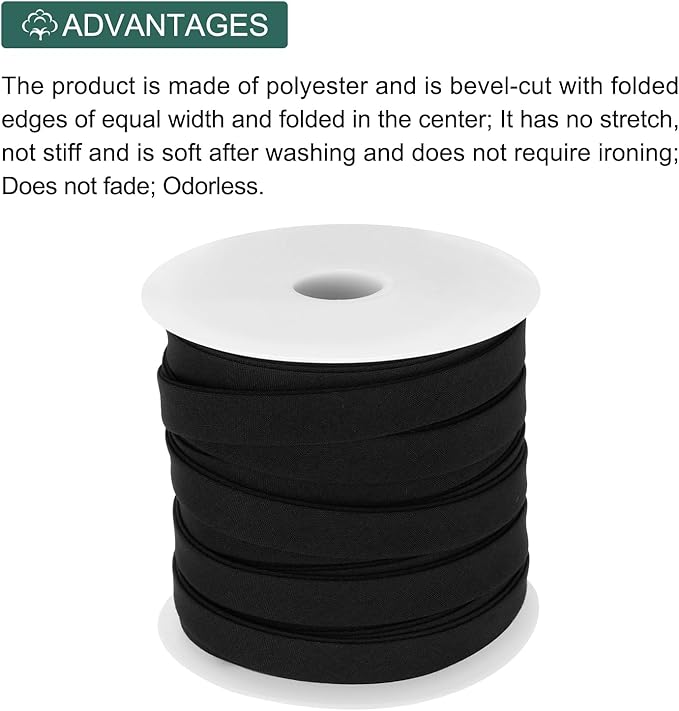MECCANIXITY 1/2 Inch Double Fold Bias Tape Polyester Continuous Bulk Bias Tape for Sewing,Seaming Quilting Hemming Binding Crafts (Black 25 Yards)