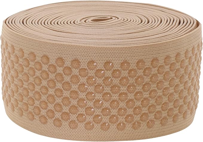 Mandala Crafts 2 Inch Elastic Silicone Gripper Tape for Clothing - 5 Yds Dotted Non Slip Elastic Band for Sewing - Tan Silicone Flat Fabric Stretchy Ribbon Straps