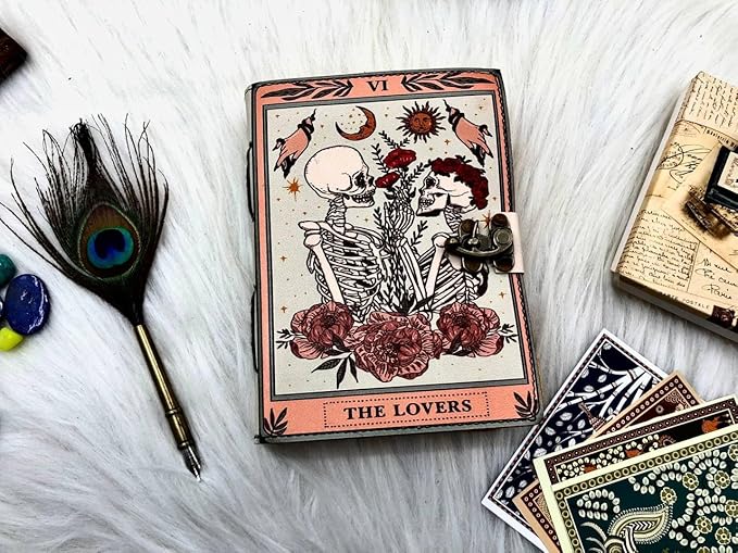 Book of Spells Leather Journal Deckle Edge Paper Grimoire Printed Journal The Lovers Tarot Notebook Spiral Gothic Notebook Skull lover Antique Vintage Leather Journals for Men and Women