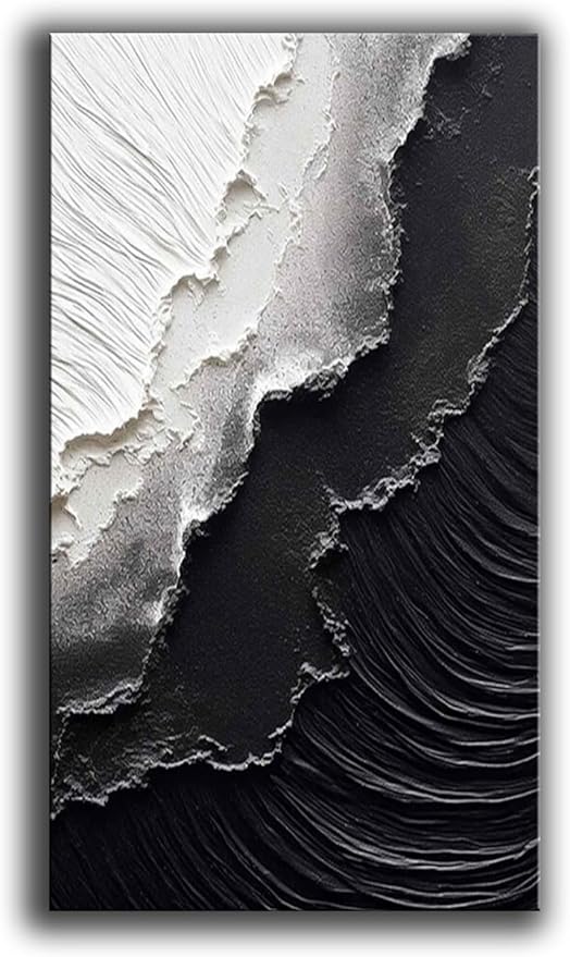 YaSheng Art - Thick Texture Abstract Oil Painting Hand-Painted sea wave Black and White Wall Art Minimalist modern Art Paintings Home Living room Room Dining Room Bedroom Wall Decorative Art Oil Painting 24x48inch