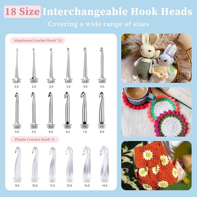 INMAKER Light up Crochet Hook Set, 18in1 Lighted Crochet Hook with Counter, Crochet Needles Gifts for Beginners, Arthritic Hands(2.0-14.0mm)
