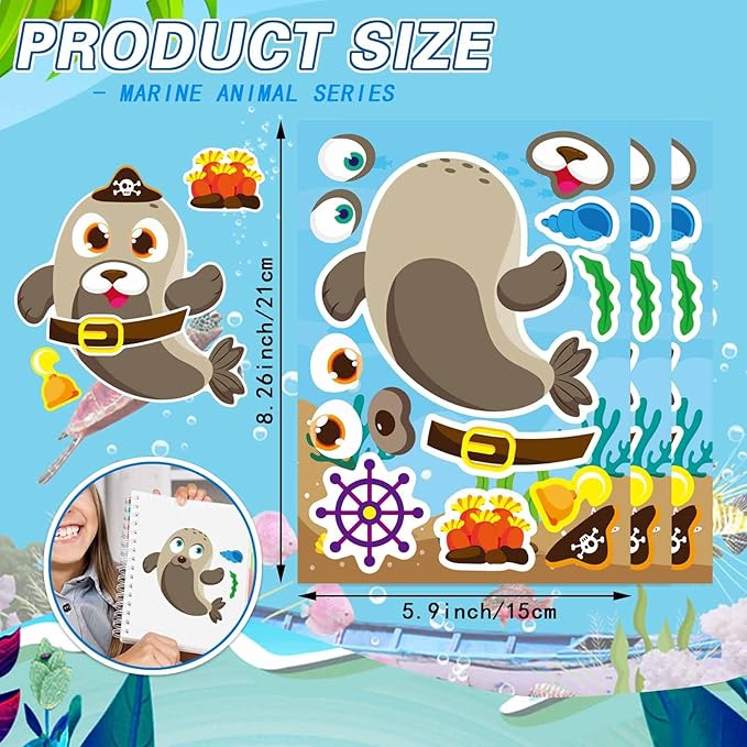 24 Sheets Make Your Own Sea Animals Stickers for Kids Toddlers, Make a Face Stickers Mix and Match Stickers, Ocean Animals Stickers for Kids Party Favors Activities