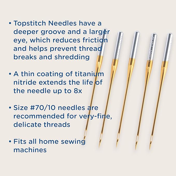YLI Topstitch Needles, Titanium-Coated #90/14 – Large Eye & Deep Groove Fits All Home Sewing Machines – Pack of 15 Needles