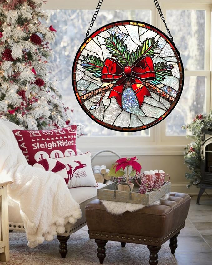 Stained Glass Window Hanging - Pine Branches Red Bow Suncatcher for Doors Home Christmas Decoration Silver Sun Catcher Thanksgiving New Year Birthday Gifts for Women Men Mom Nana 11.8 in