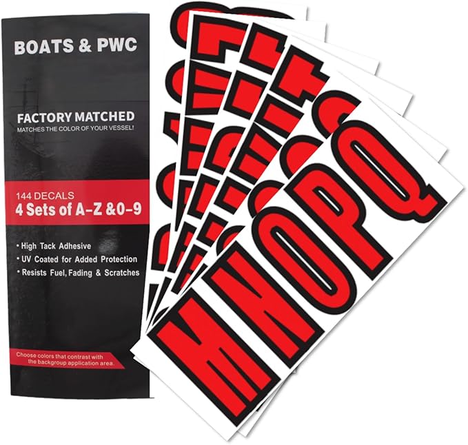 4 Sets of 3" Red Marine Boat Sticker Decals A-Z Letters & 0-9 Numbers for Yachts & Personal Watercraft Waterproof Anti-Scratch