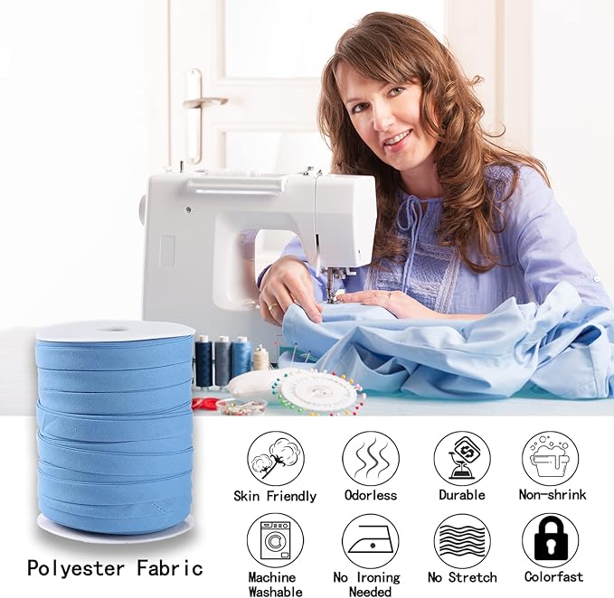 Bias Tape Double Fold 1/2 inch, Double Fold Bias Binding Tape 55 Yards (Blue) and 4 Pieces Sewing Fabric Chalks for Crafts, Sewing, Seaming, Hemming, Piping, Quilting.