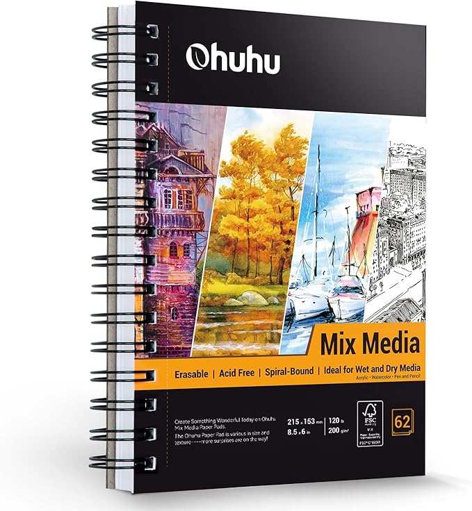 Ohuhu Mix Media Pad, 8.5"x6" Mixed Media Art Sketchbook, 120 lb/200 gsm Heavyweight Papers, 62 Sheets/124 Pages, Spiral Bound Mixed Media Paper Pad for Acrylic, Painting Christmas Gift